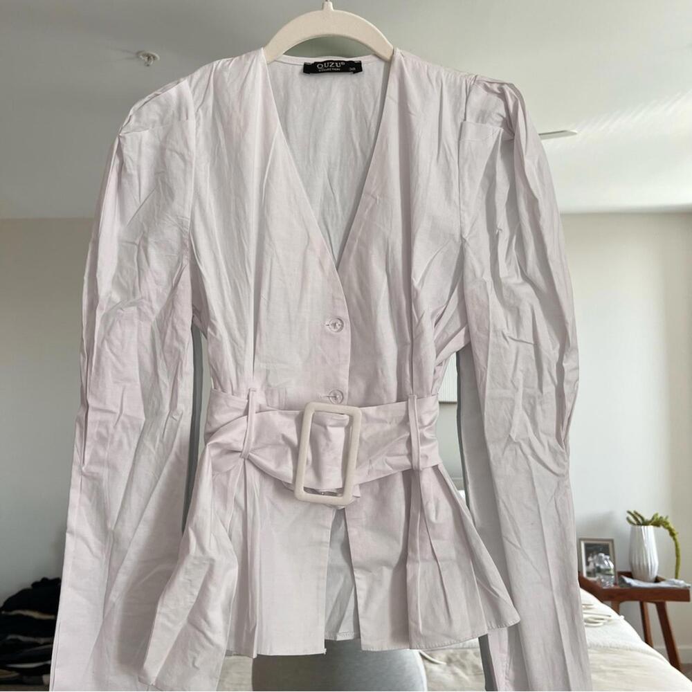 White Button-Up Blouse with Belt
